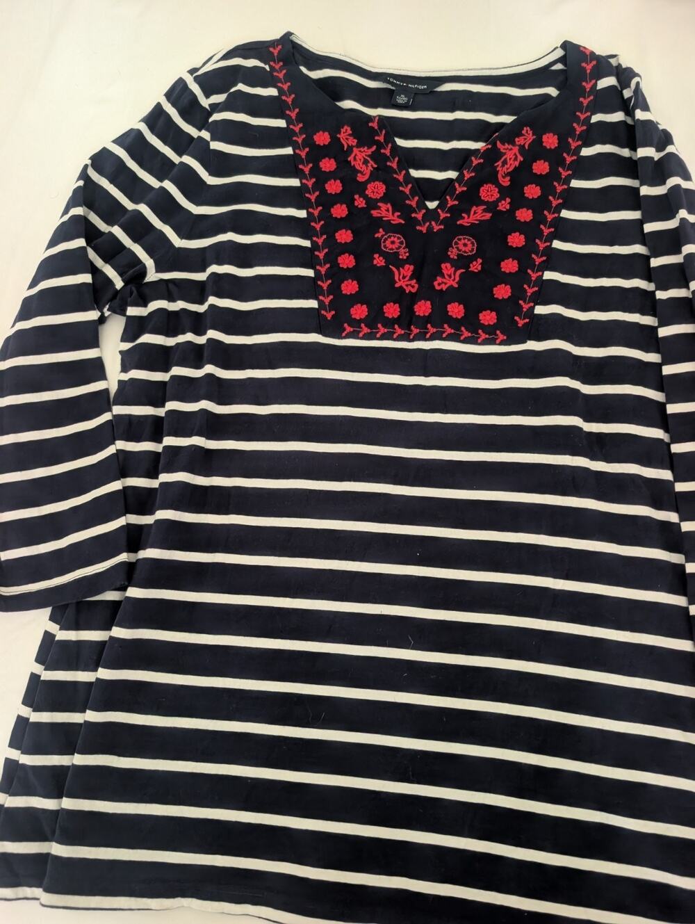 Tommy Hilfiger Shirt Womens Striped Embroidered 3/4 Sleeve Nautical Top XL
